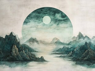 水墨山水间的空灵月夜