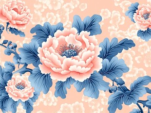 粉色牡丹蓝叶花卉图案
