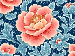 蓝底牡丹花卉图案