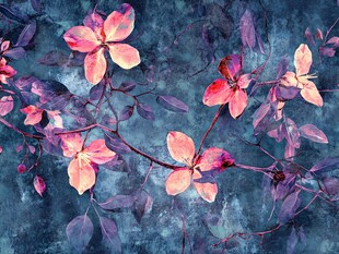 梦幻蓝底粉花水彩插画