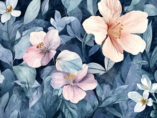 蓝底粉白花卉水彩图案