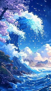 梦幻海浪与烂漫樱花之景