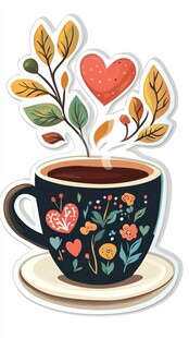 手绘花卉咖啡杯插画