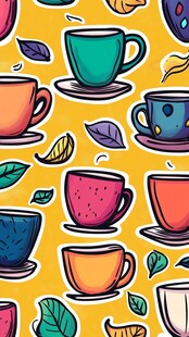多彩咖啡杯与叶片图案设计