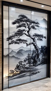 中式山水墨松玻璃隔断