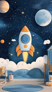 梦幻太空主题儿童房背景墙