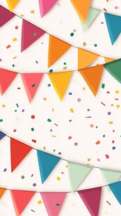 彩色三角旗与缤纷纸屑背景