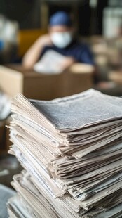 堆叠的报纸与背后的工人