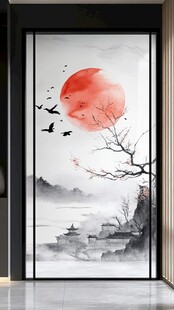 中式水墨风红日飞鸟屏风画