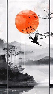 红日飞鸟山水中式意境图