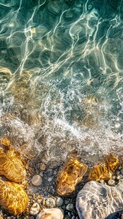 清澈海水拍击多彩礁石