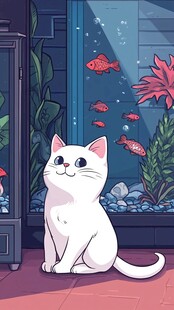 白猫凝视缸中游动金鱼