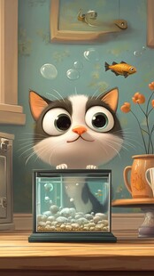 好奇猫咪紧盯鱼缸小鱼