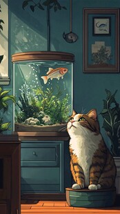 猫咪凝视鱼缸中的金鱼