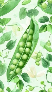 水彩画中的鲜嫩豌豆与绿叶