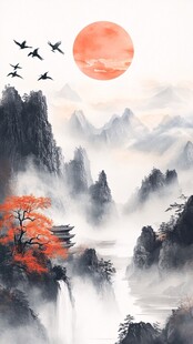 秋日山水飞鸟诗意图景