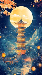 月夜下的中式塔楼美景