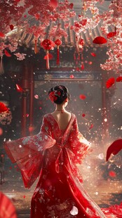 红衣佳人漫步古典花境