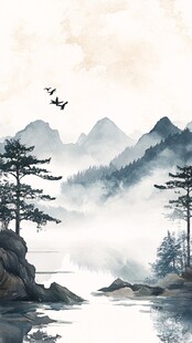 水墨山水间飞鸟伴松景