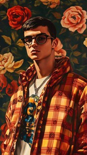 时尚少年身着格纹外套赏花