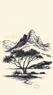 水墨山水间的孤树美景