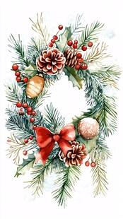 圣诞松枝花环水彩画