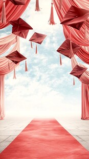 红幕下的毕业礼帽飞扬