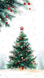 水彩风圣诞树冬日雪景图