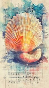 水彩绘多彩贝壳与乐谱