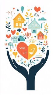 双手托举爱心与多彩家园