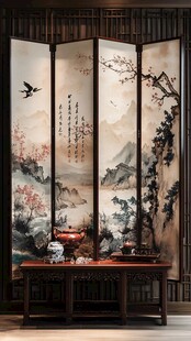 中式古典屏风与案几陈设