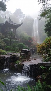 雾中中式园林瀑布景观