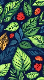 绿叶红果的清新植物图案