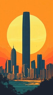 夕阳下的繁华都市天际线