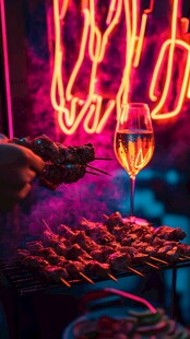霓虹下的烧烤与香槟时刻
