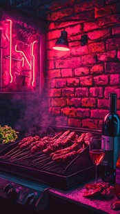 霓虹灯下的浪漫烤肉时光
