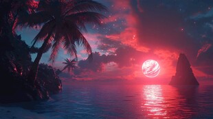 梦幻海边的神秘绯红落日