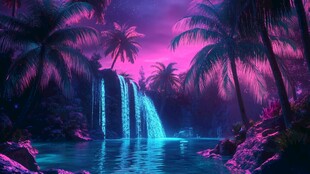 梦幻霓虹瀑布下的热带风光