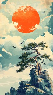 山顶孤松映红日飞鸟