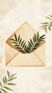 复古信封中的清新绿叶