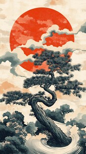 红日青松云海壮丽图景