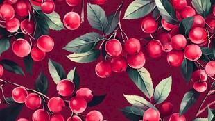 深红背景上的樱桃枝叶图案