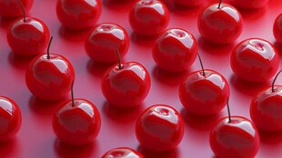 红樱桃整齐排列在红背景上
