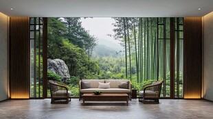 中式客厅外的竹林景致