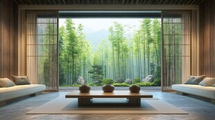 中式禅意客厅外竹林景致