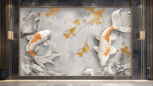 中式锦鲤浮雕艺术背景墙