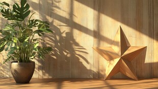 木质墙角的绿植与星星摆件