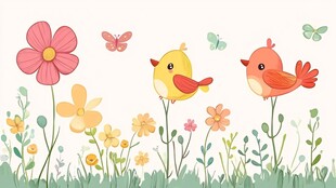 春日花丛中的可爱小鸟