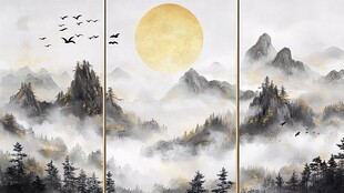 三联水墨山水诗意风光图