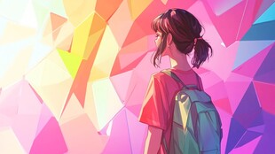 背着背包的多彩女孩背影